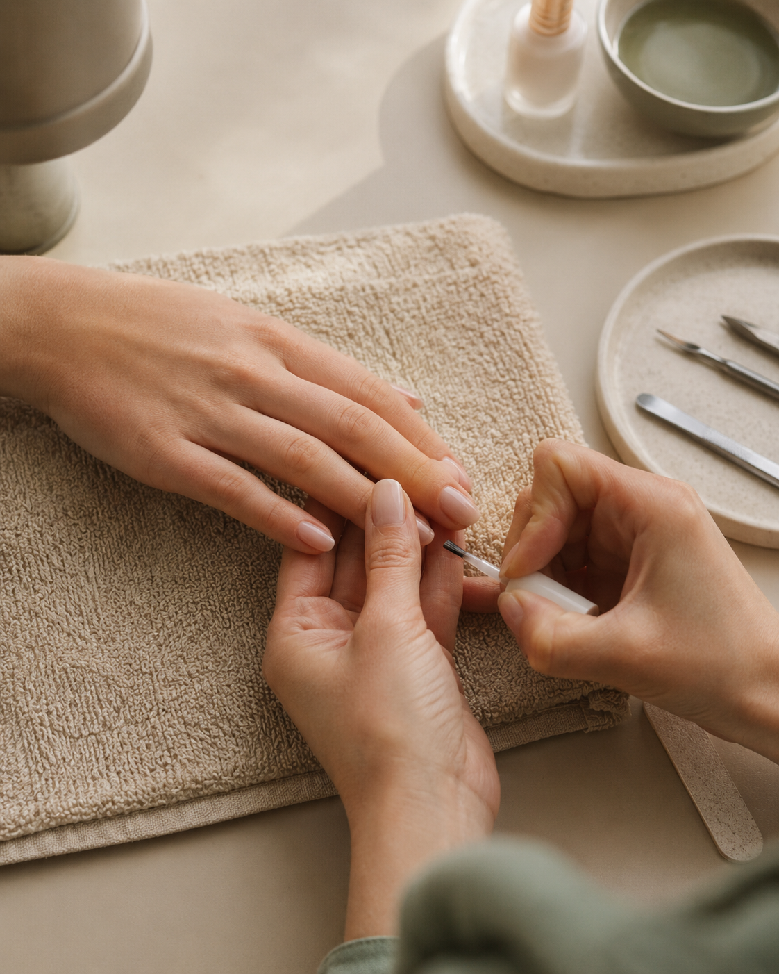 Nail technician finishing a nude gel manicure